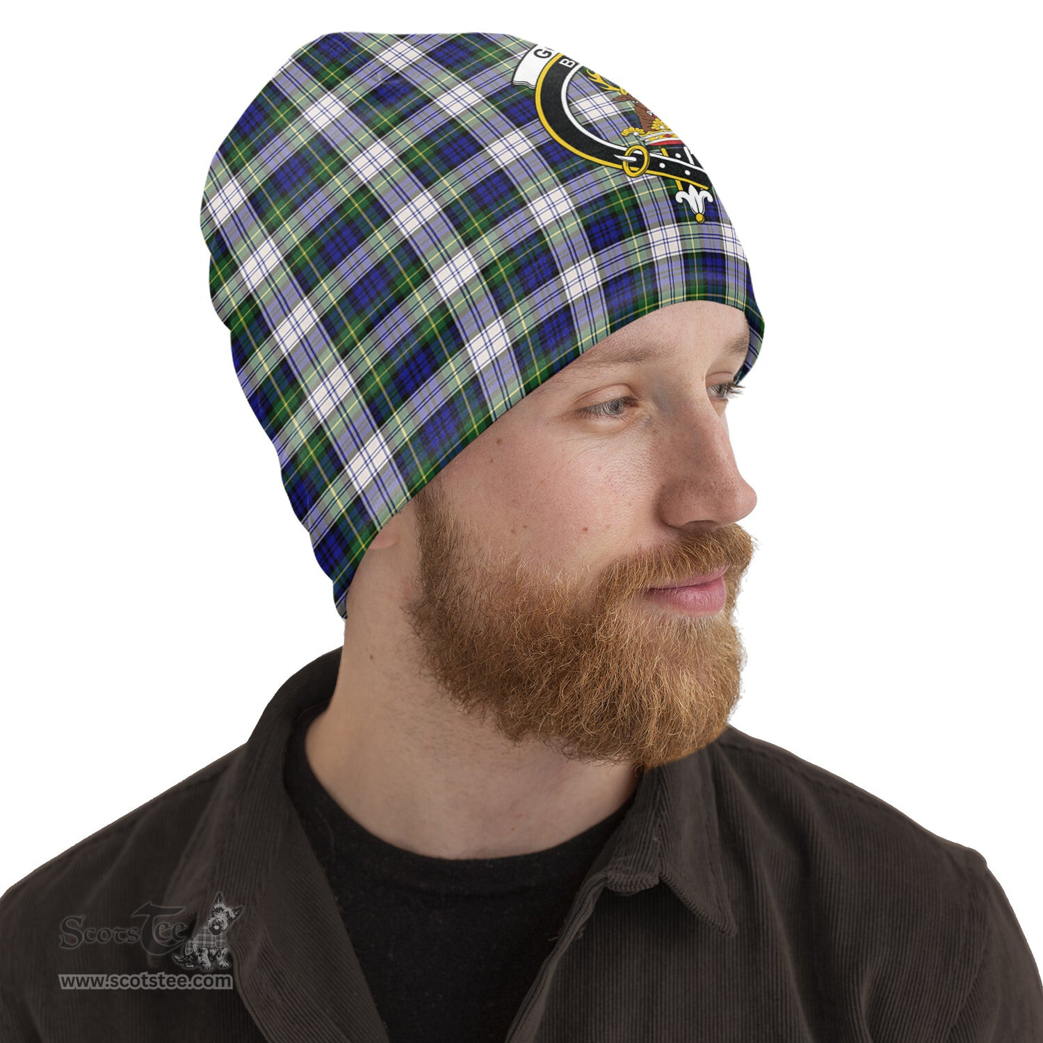 Scottish Gordon Dress Modern Tartan Beanies Hat with Family Crest - Tartan Plaid Beanies Scottish Plaid Tartan Plaid - ScotsTee - scotstee.com
