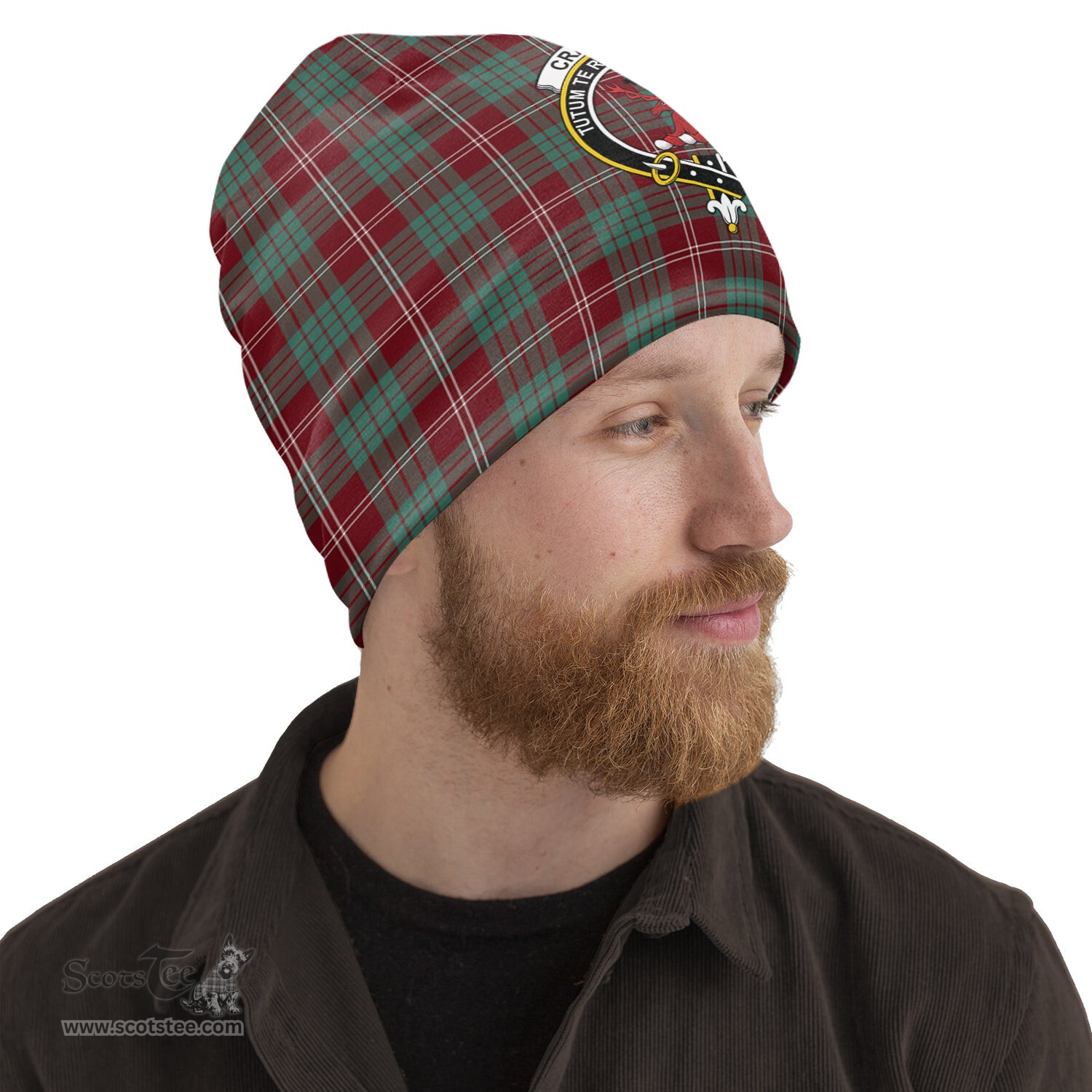 Scottish Crawford Modern Tartan Beanies Hat with Family Crest - Tartan Plaid Beanies Scottish Plaid Tartan Plaid - ScotsTee - scotstee.com