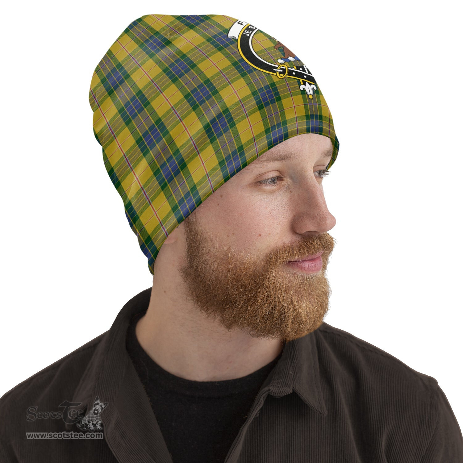 Scottish Fraser Yellow Tartan Beanies Hat with Family Crest - Tartan Plaid Beanies Scottish Plaid Tartan Plaid - ScotsTee - scotstee.com