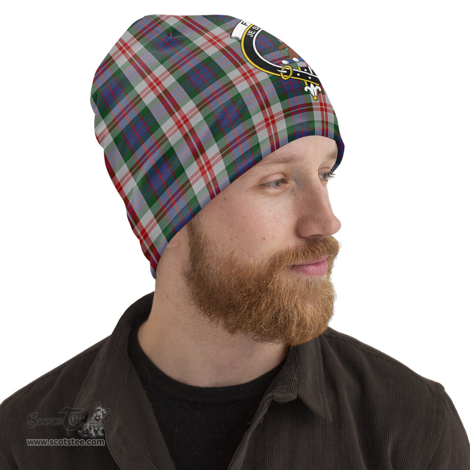 Scottish Fraser Red Dress Tartan Beanies Hat with Family Crest - Tartan Plaid Beanies Scottish Plaid Tartan Plaid - ScotsTee - scotstee.com