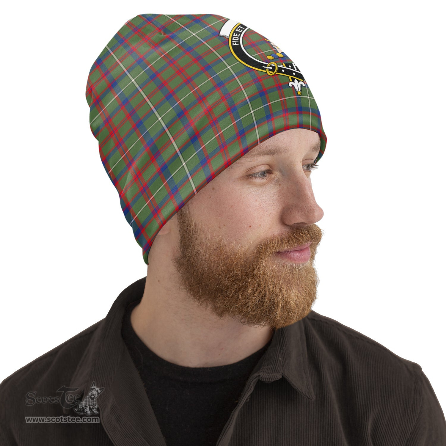 Scottish Shaw Green Modern Tartan Beanies Hat with Family Crest - Tartan Plaid Beanies Scottish Plaid Tartan Plaid - ScotsTee - scotstee.com