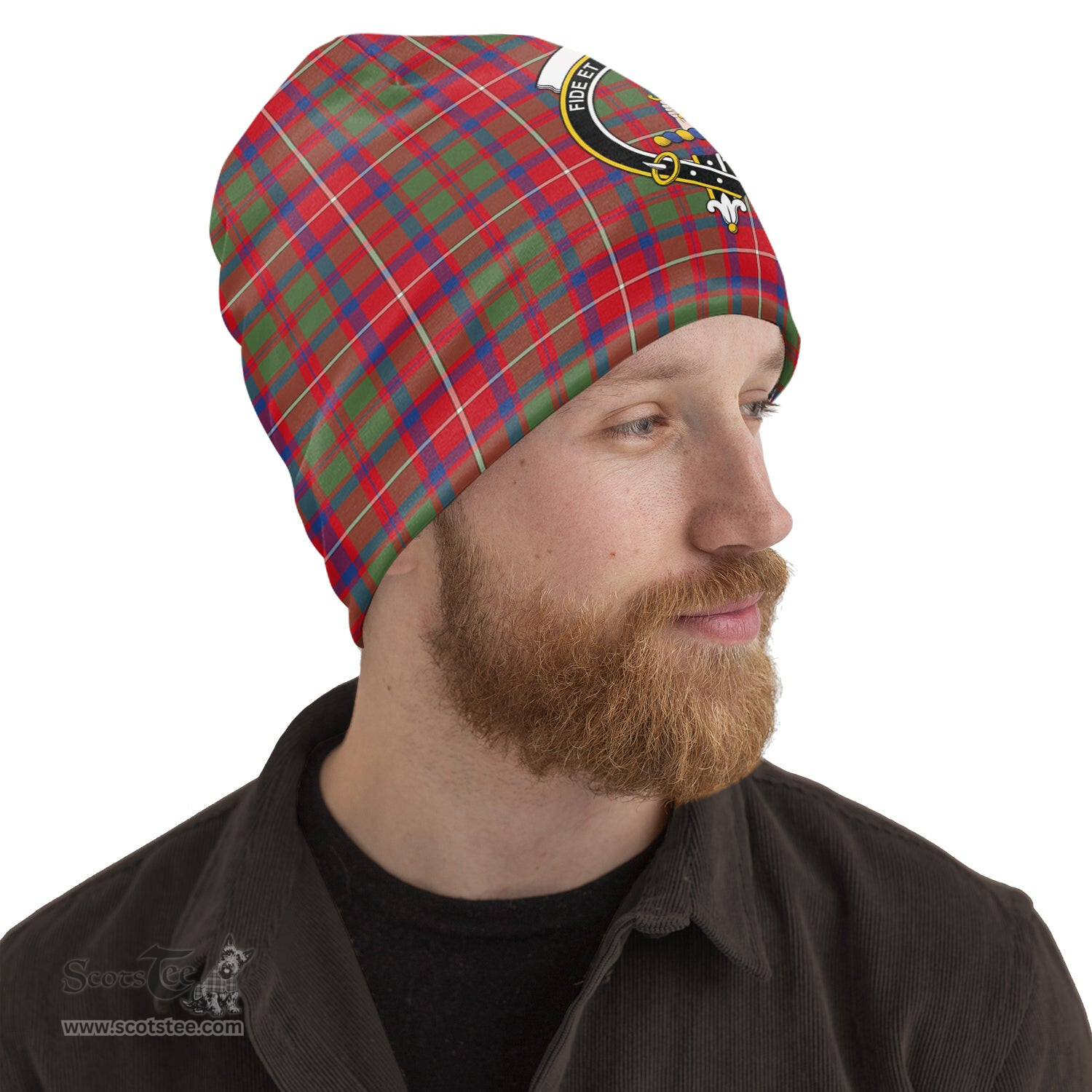 Scottish Shaw Red Modern Tartan Beanies Hat with Family Crest - Tartan Plaid Beanies Scottish Plaid Tartan Plaid - ScotsTee - scotstee.com