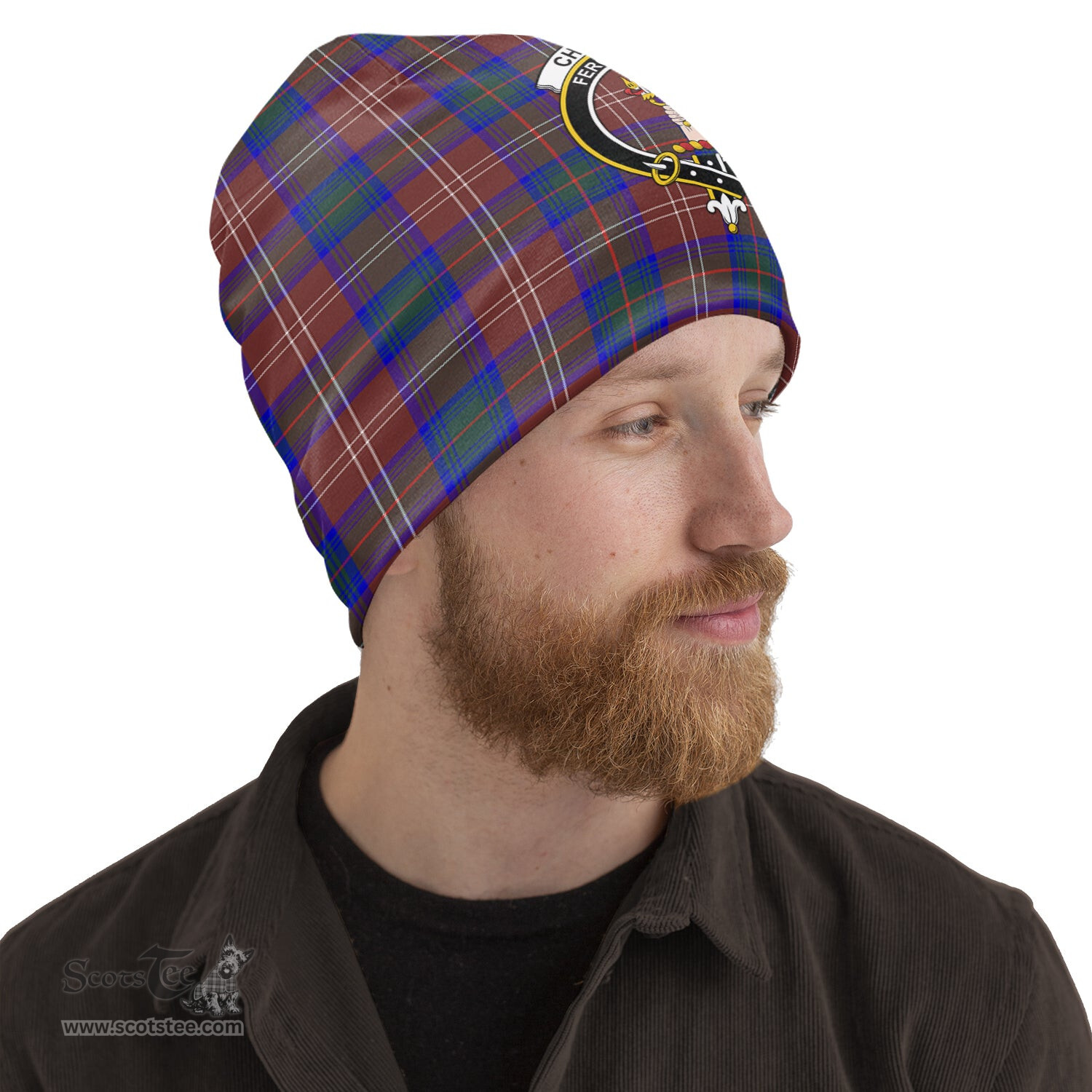 Scottish Chisholm Hunting Modern Tartan Beanies Hat with Family Crest - Tartan Plaid Beanies Scottish Plaid Tartan Plaid - ScotsTee - scotstee.com