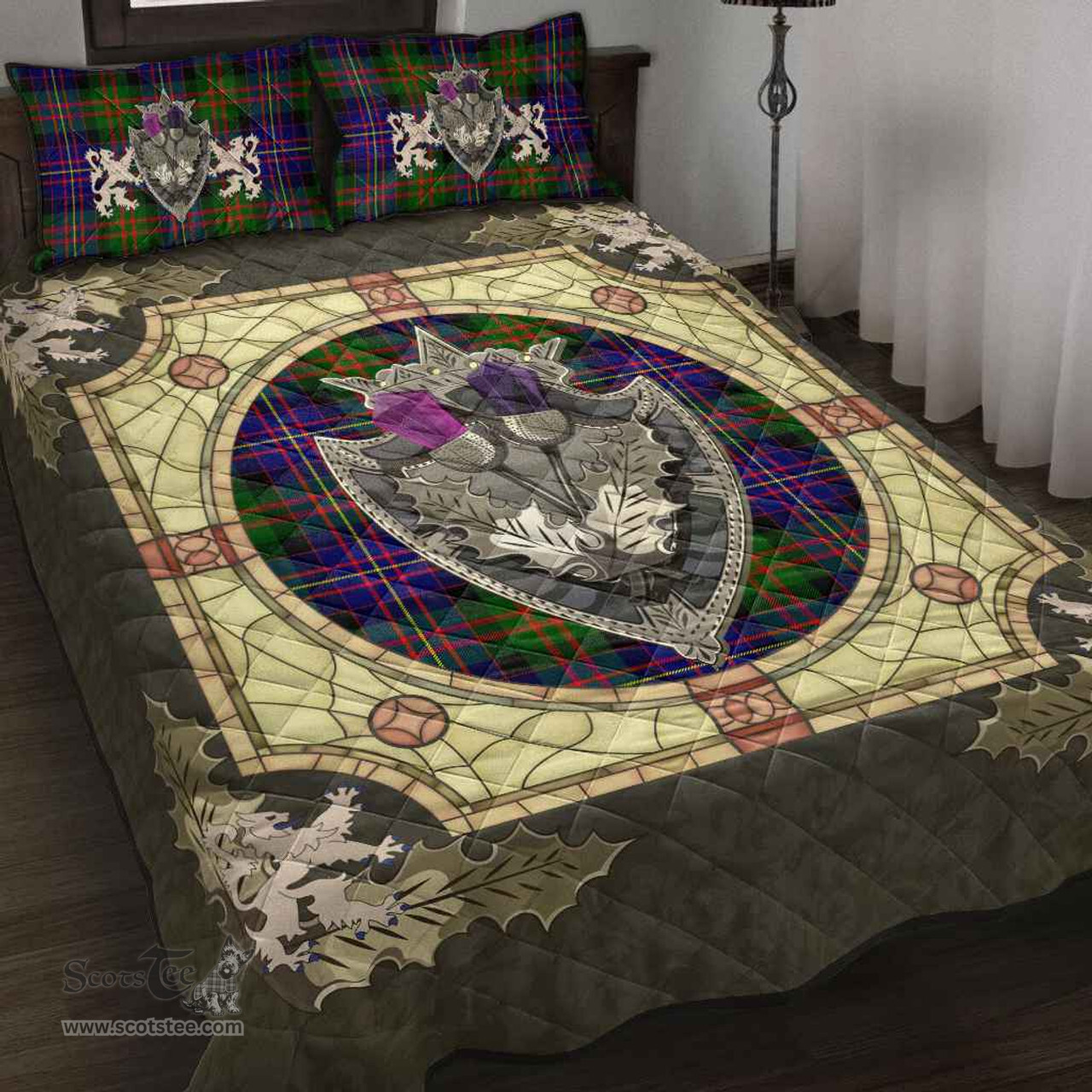 Scottish Cameron of Erracht Modern Clan Tartan Quilt Bed Set - Crystal Thistle Shield