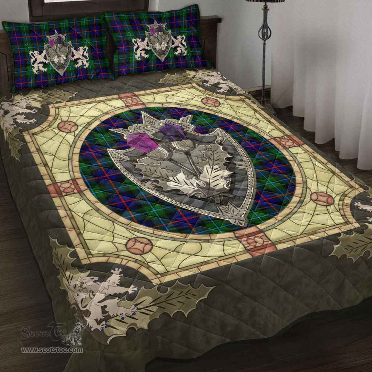 Scottish Campbell of Cawdor Modern Clan Tartan Quilt Bed Set - Crystal Thistle Shield