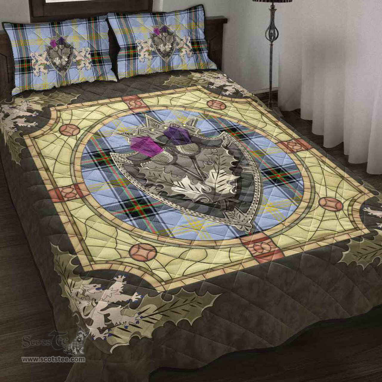 Scottish Bell of the Borders Clan Tartan Quilt Bed Set - Crystal Thistle Shield
