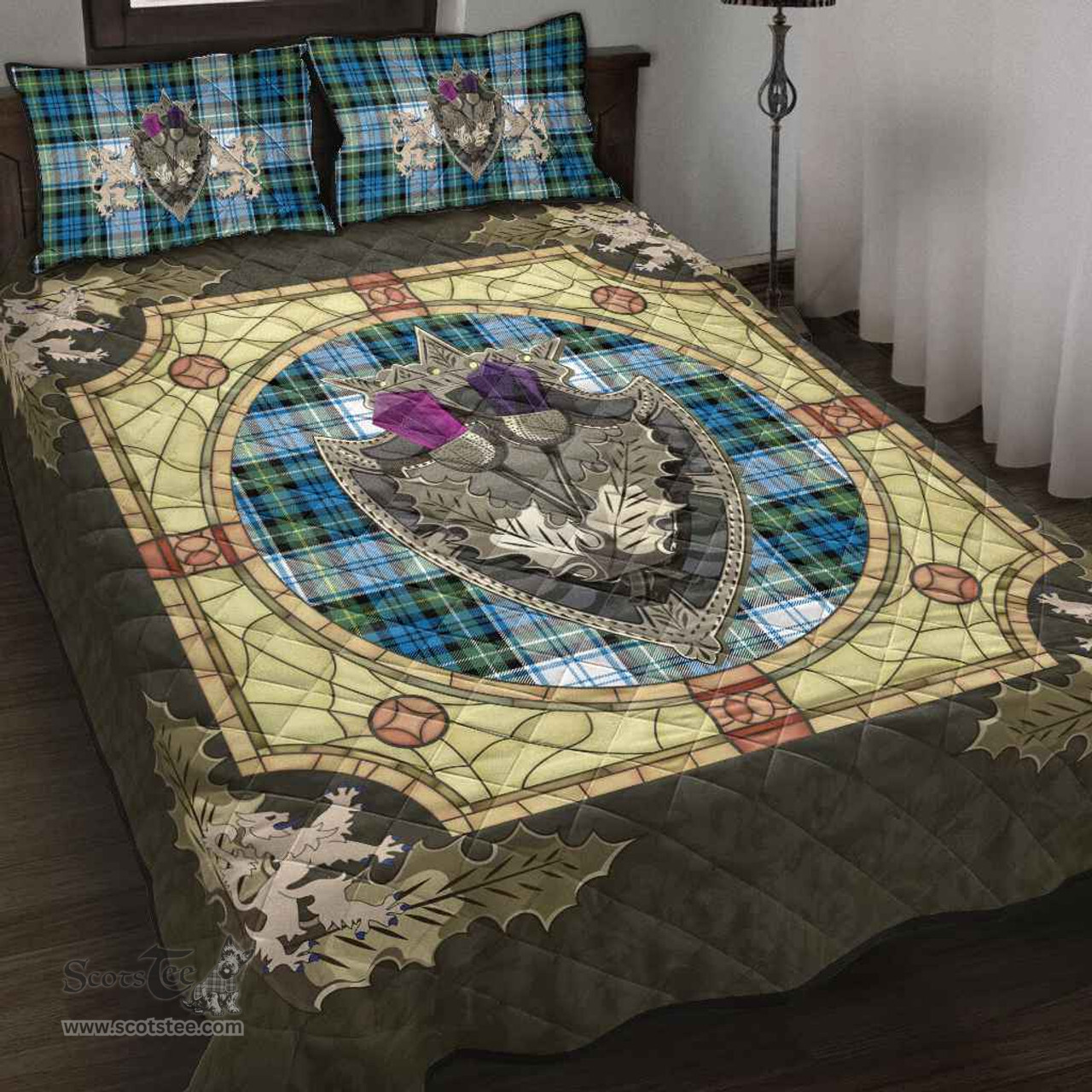 Scottish Campbell Dress Ancient Clan Tartan Quilt Bed Set - Crystal Thistle Shield