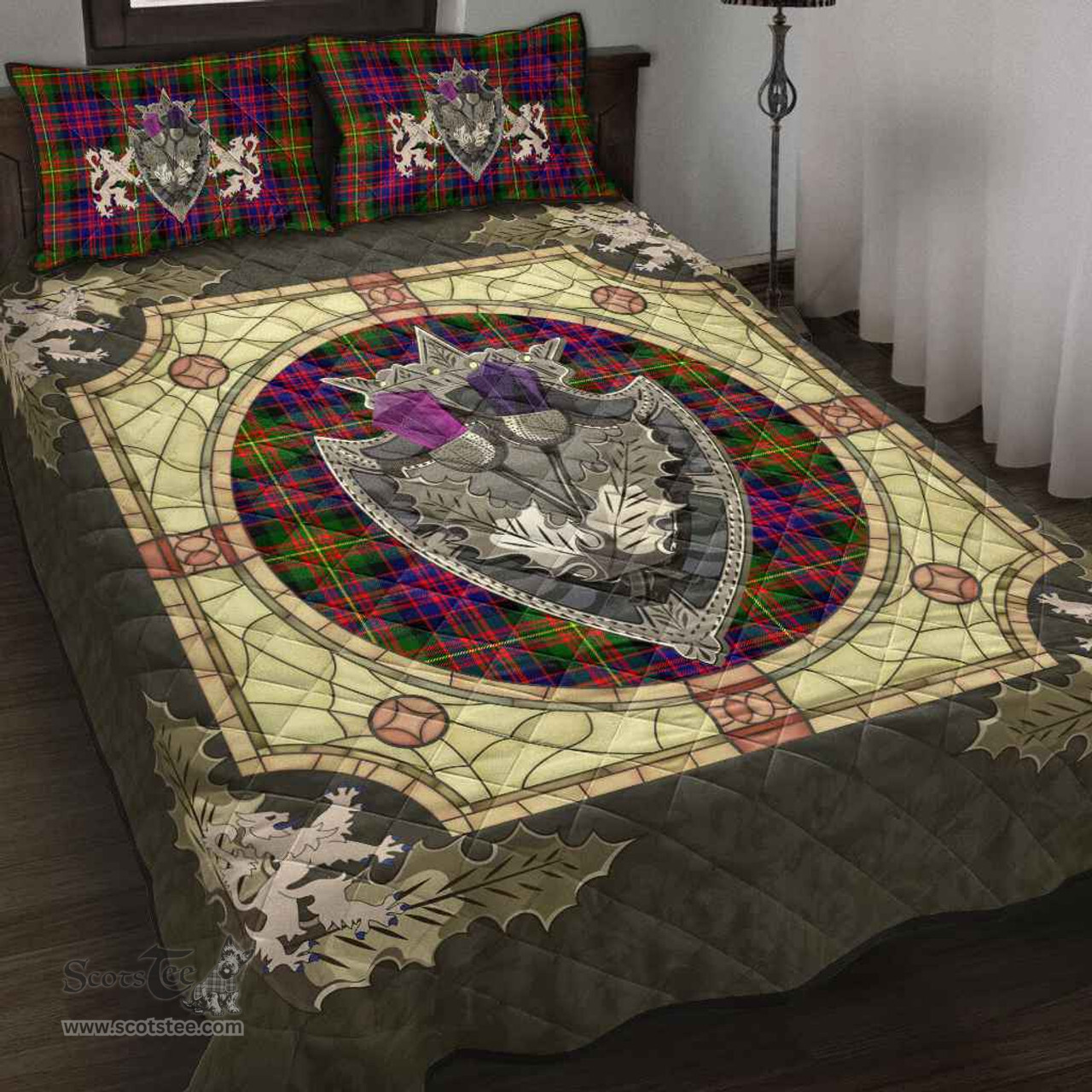 Scottish Carnegie Modern Clan Tartan Quilt Bed Set - Crystal Thistle Shield