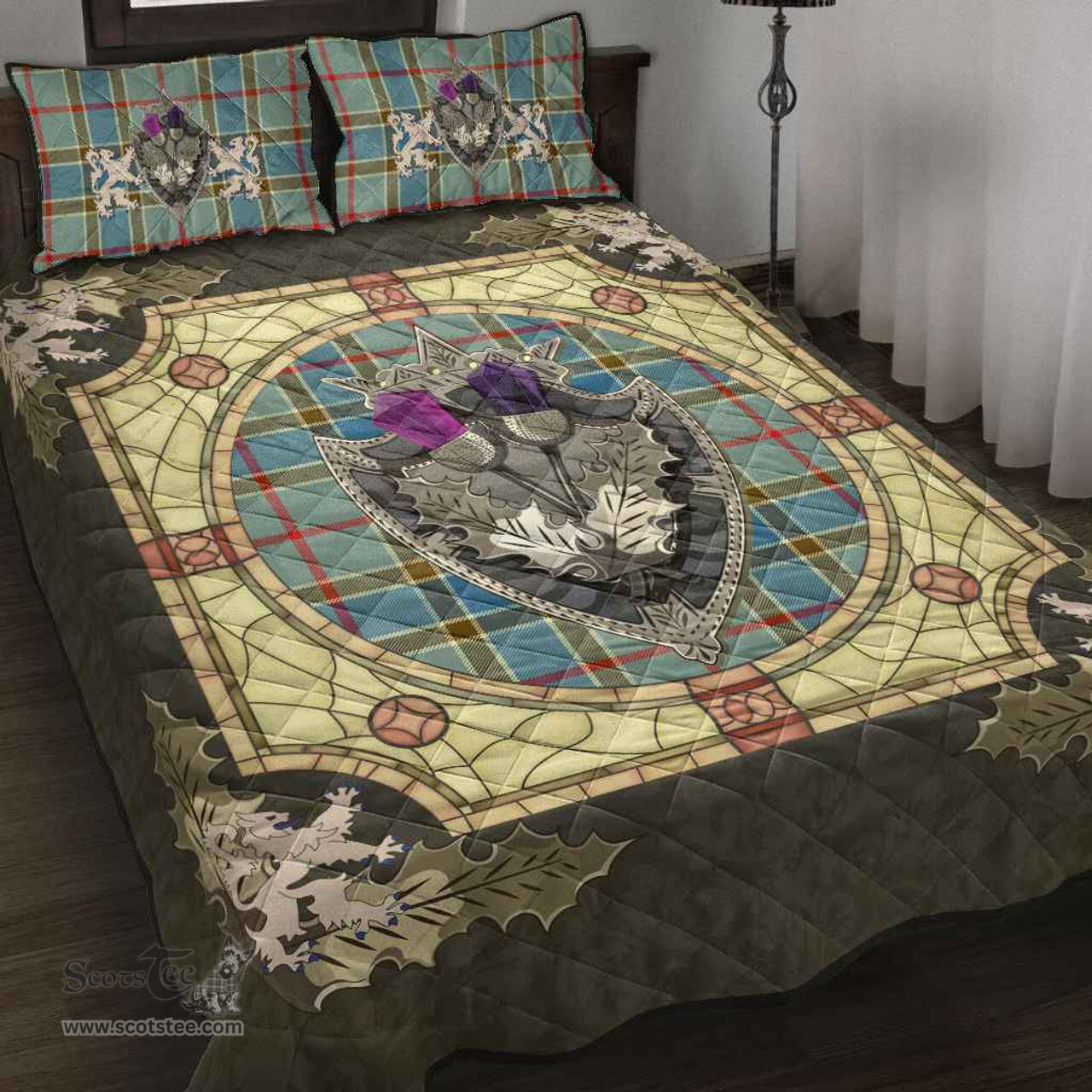 Scottish Balfour Blue Clan Tartan Quilt Bed Set - Crystal Thistle Shield
