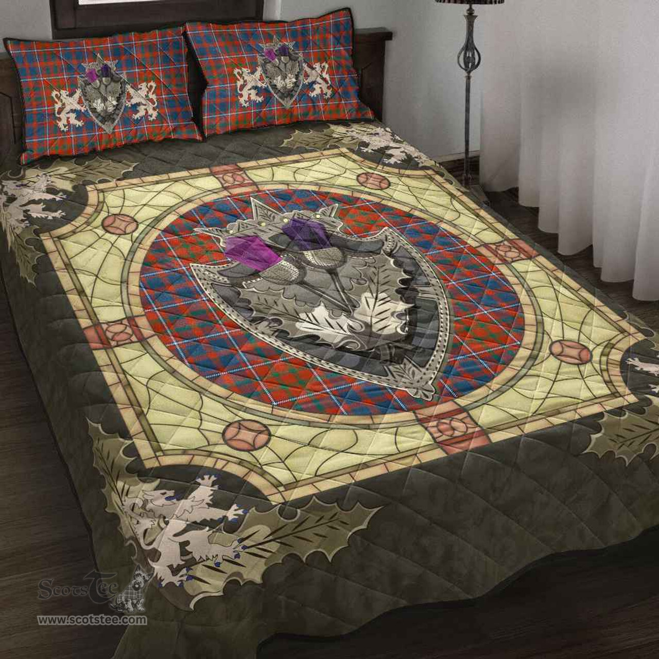 Scottish Cameron of Lochiel Ancient Clan Tartan Quilt Bed Set - Crystal Thistle Shield