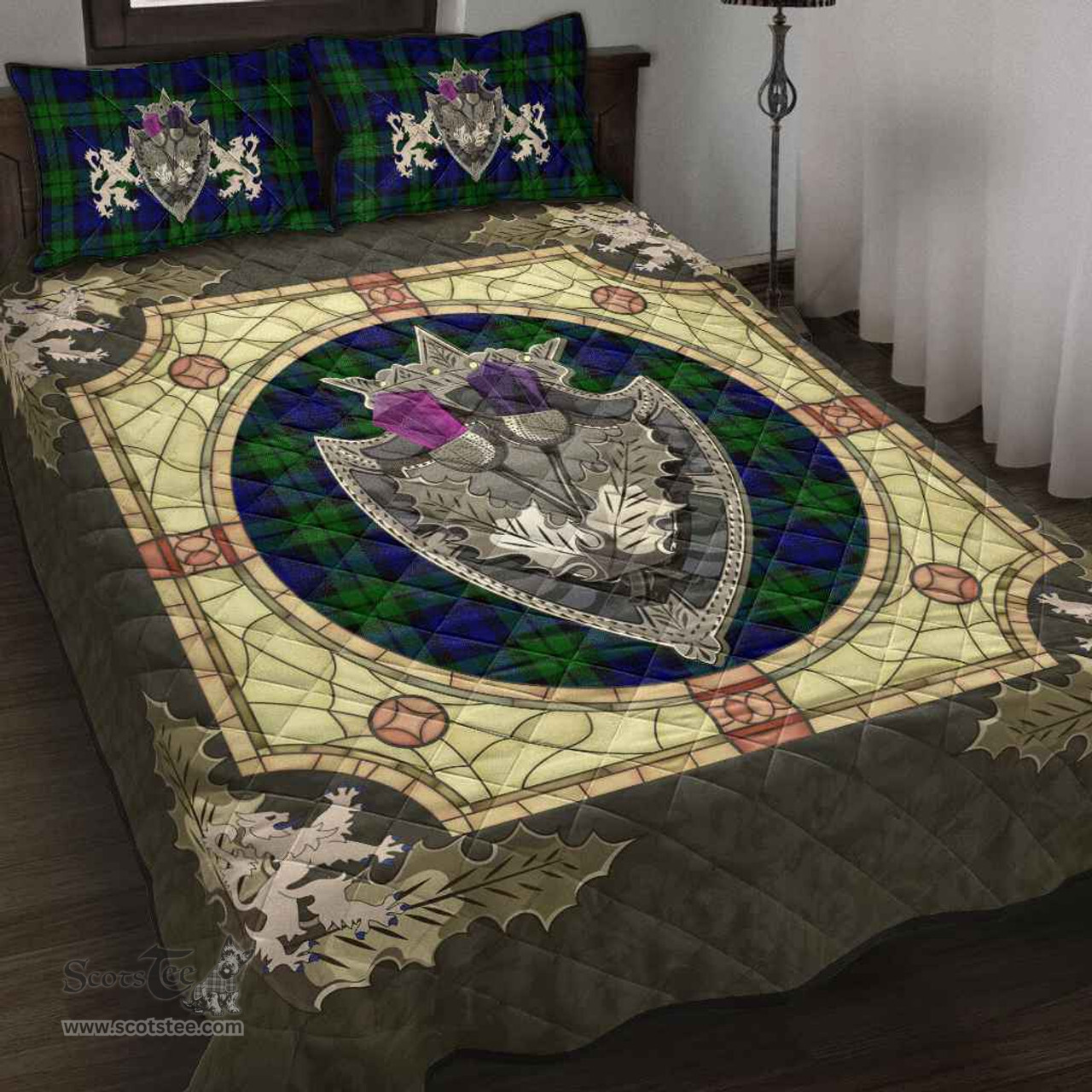 Scottish Campbell Modern Clan Tartan Quilt Bed Set - Crystal Thistle Shield