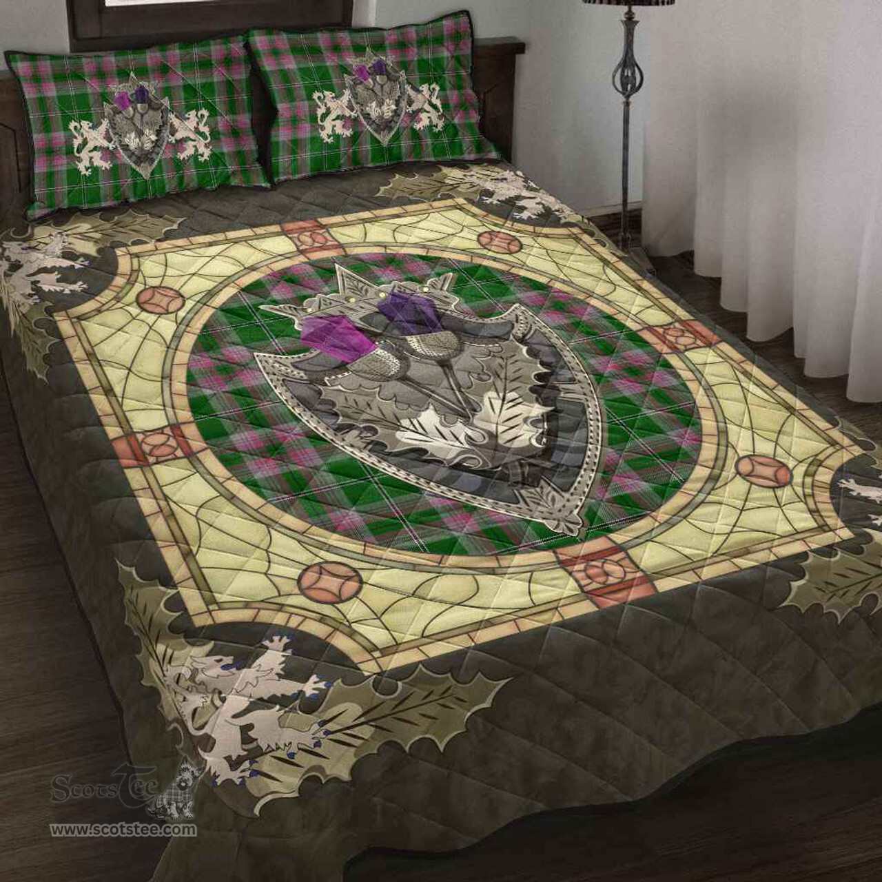 Scottish Gray Hunting Clan Tartan Quilt Bed Set - Crystal Thistle Shield