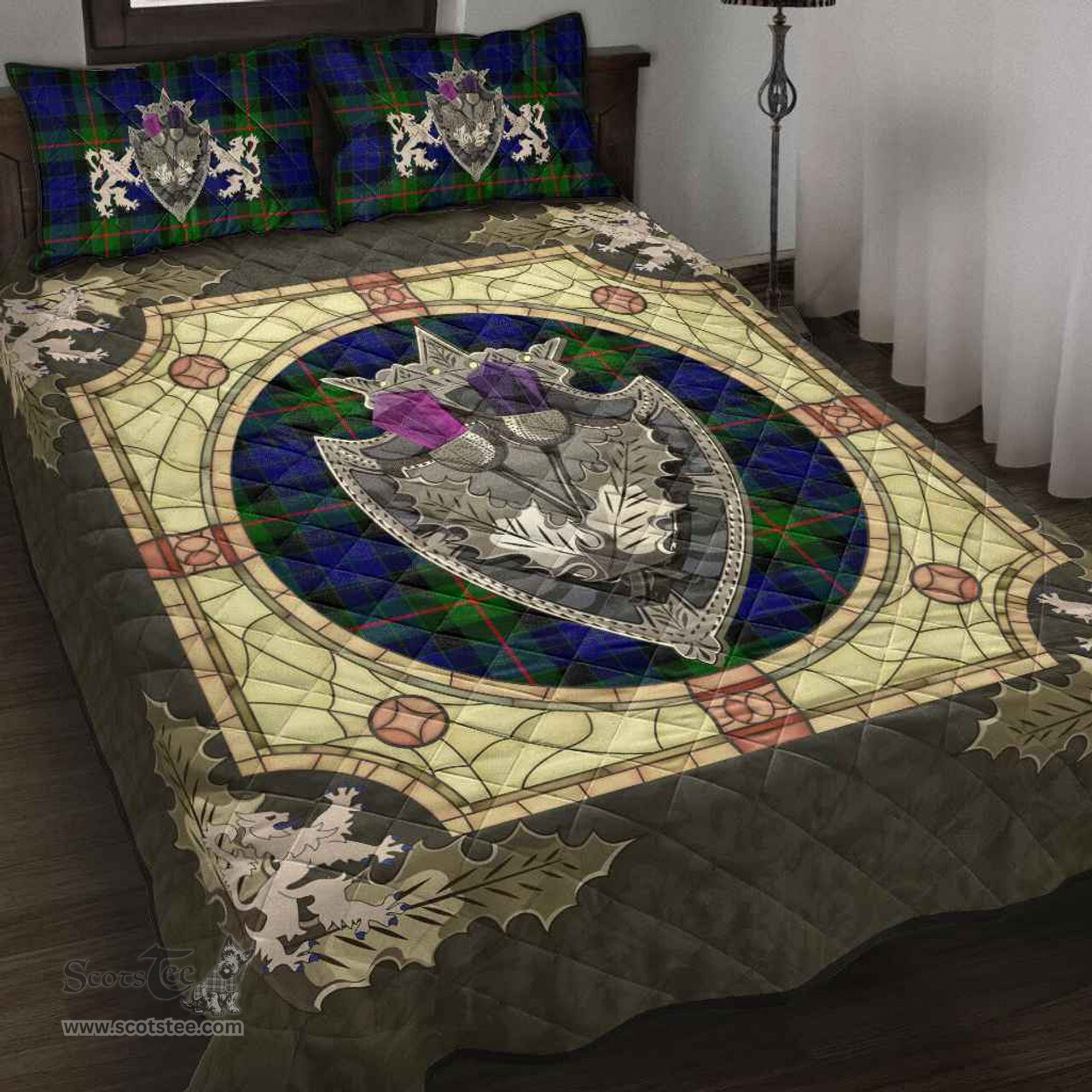 Scottish Gunn Modern Clan Tartan Quilt Bed Set - Crystal Thistle Shield