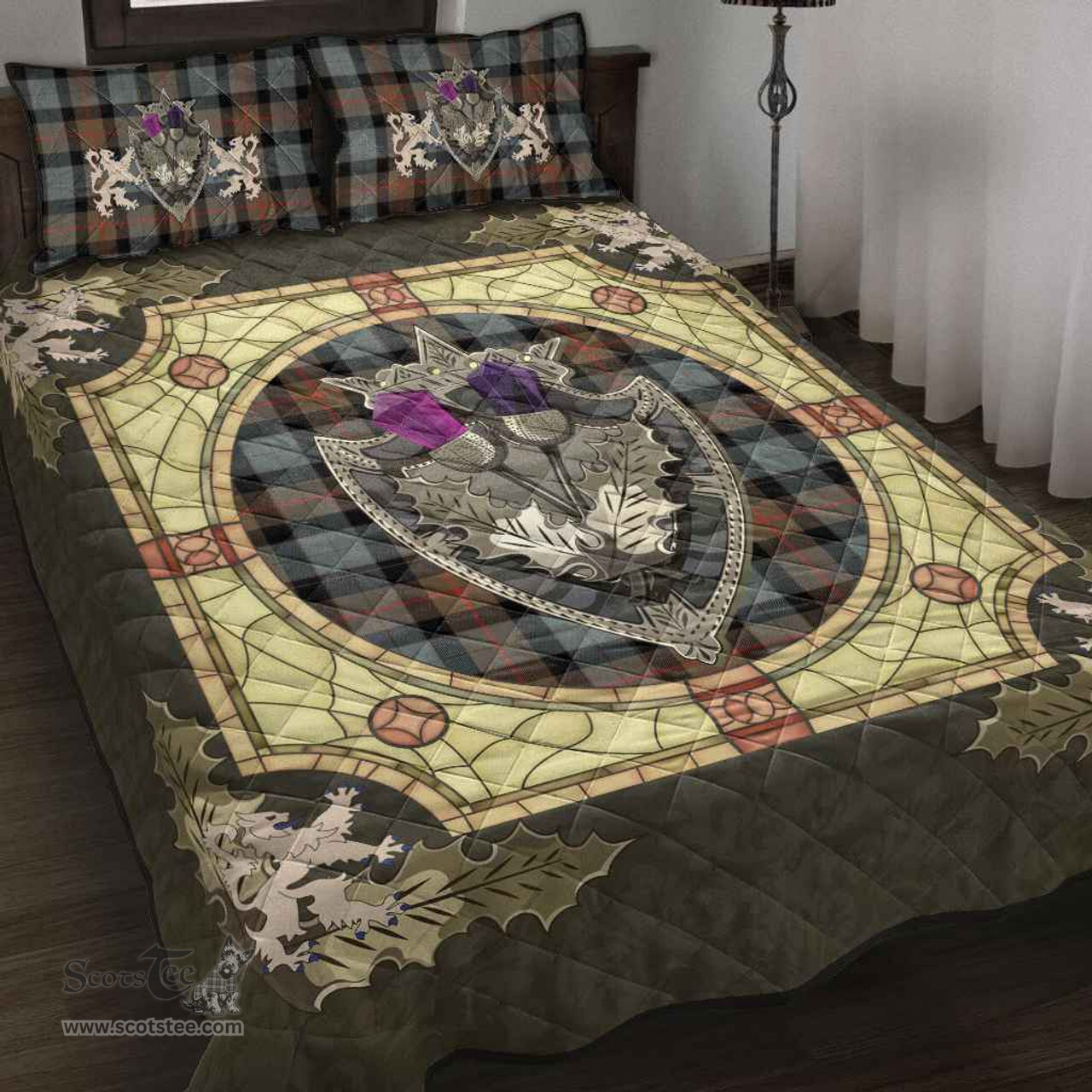 Scottish Gunn Weathered Clan Tartan Quilt Bed Set - Crystal Thistle Shield