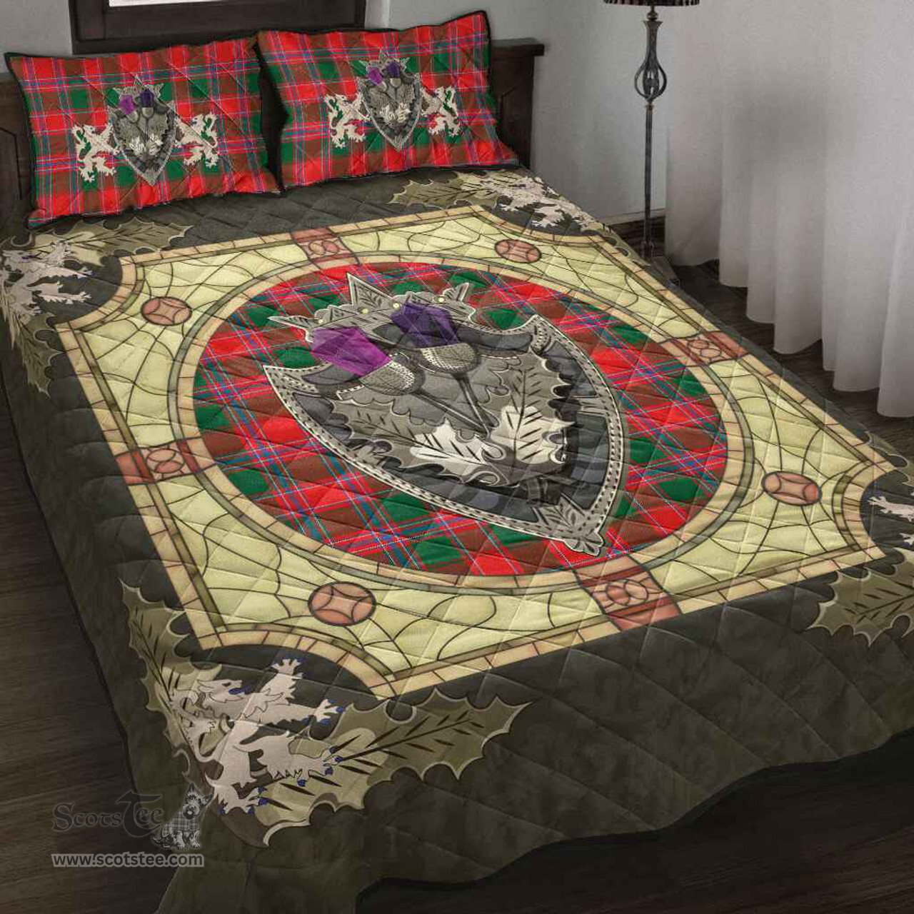 Scottish Dalziel Modern Clan Tartan Quilt Bed Set - Crystal Thistle Shield