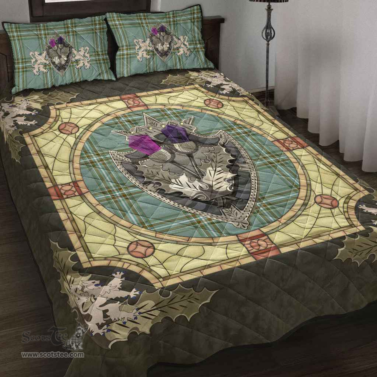 Scottish Kelly Dress Clan Tartan Quilt Bed Set - Crystal Thistle Shield