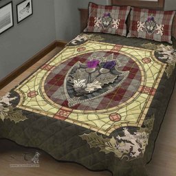 Scottish Cunningham Burgundy Dancers Clan Tartan Quilt Bed Set - Crystal Thistle Shield