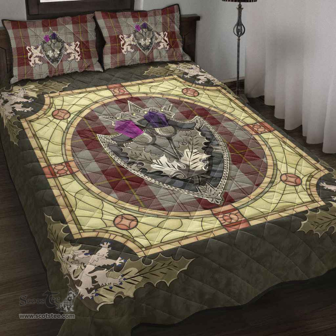 Scottish Cunningham Burgundy Dancers Clan Tartan Quilt Bed Set - Crystal Thistle Shield