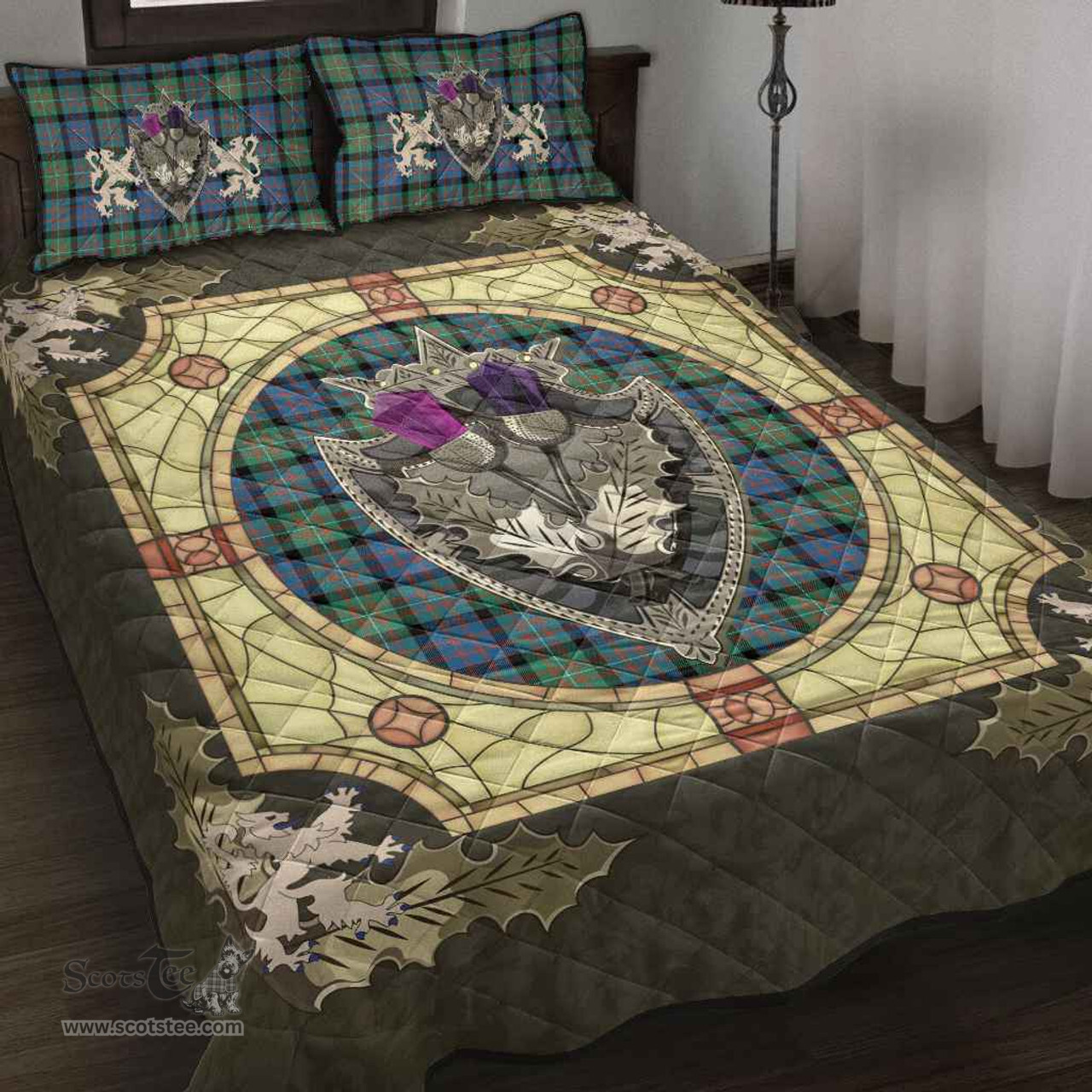 Scottish MacDonnell of Glengarry Ancient Clan Tartan Quilt Bed Set - Crystal Thistle Shield