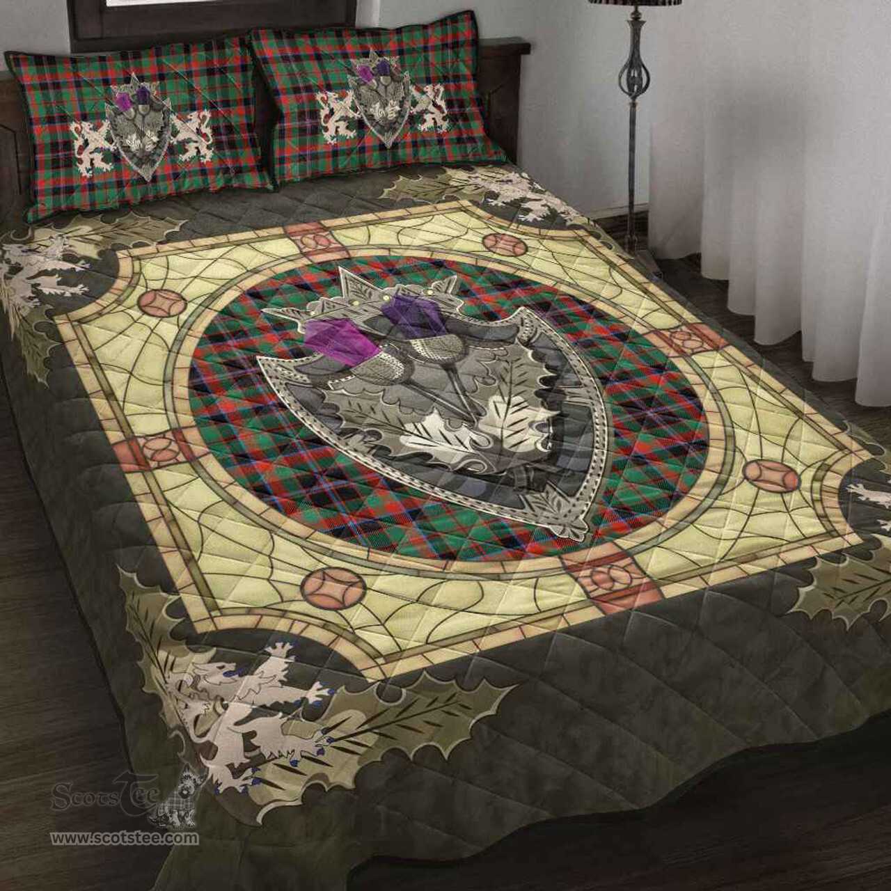 Scottish Cumming Hunting Ancient Clan Tartan Quilt Bed Set - Crystal Thistle Shield