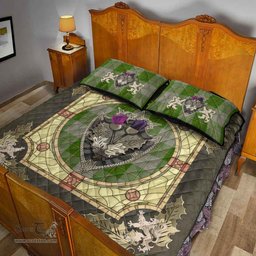 Scottish Cunningham Dress Green Dancers Clan Tartan Quilt Bed Set - Crystal Thistle Shield