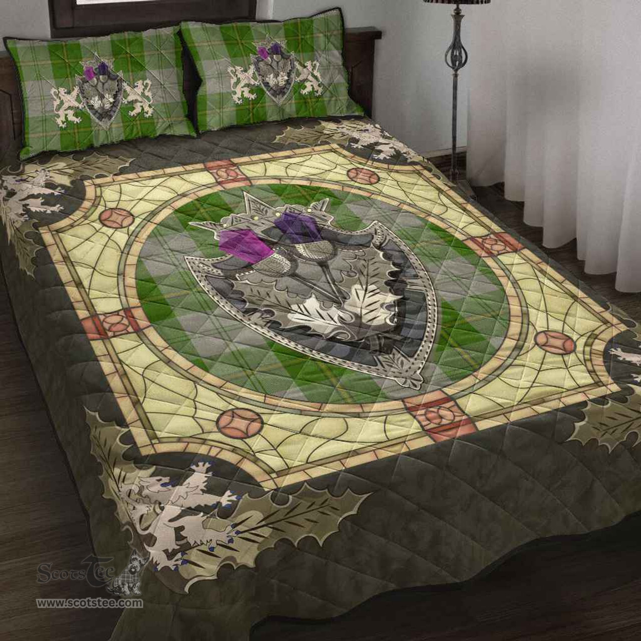Scottish Cunningham Dress Green Dancers Clan Tartan Quilt Bed Set - Crystal Thistle Shield