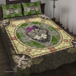 Scottish Cunningham Dress Green Dancers Clan Tartan Quilt Bed Set - Crystal Thistle Shield