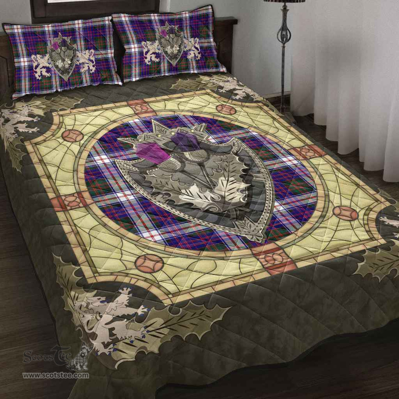 Scottish MacDonald Dress Modern Clan Tartan Quilt Bed Set - Crystal Thistle Shield
