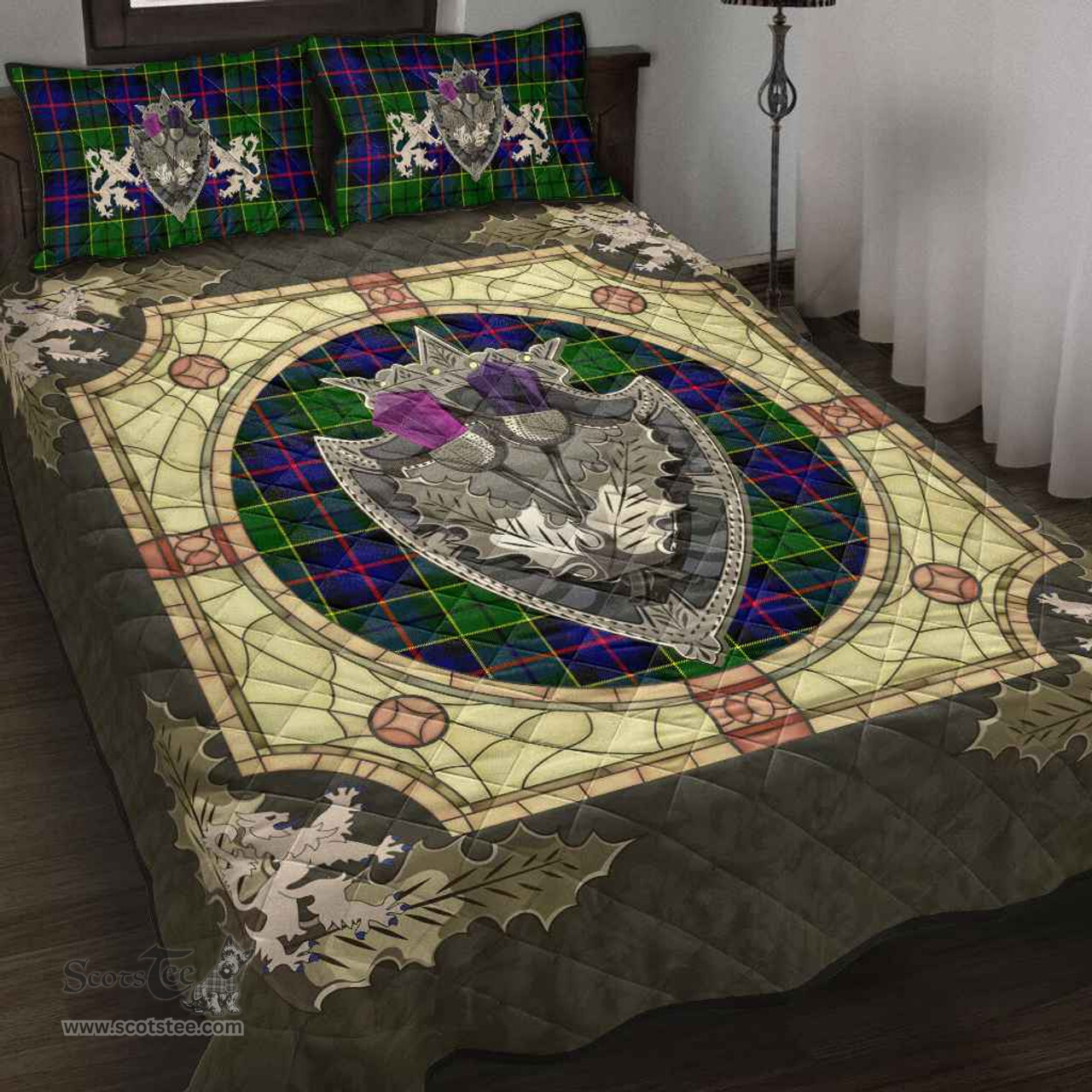 Scottish Forsyth Modern Clan Tartan Quilt Bed Set - Crystal Thistle Shield