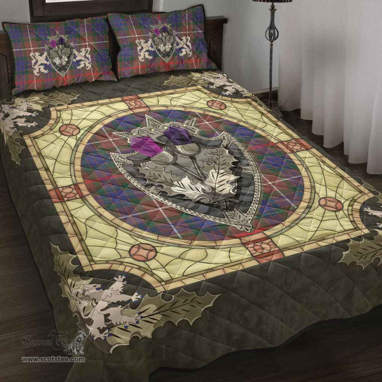 Scottish Fraser Hunting Modern Clan Tartan Quilt Bed Set - Crystal Thistle Shield
