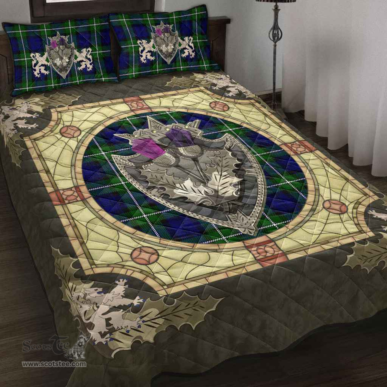 Scottish Forbes Modern Clan Tartan Quilt Bed Set - Crystal Thistle Shield