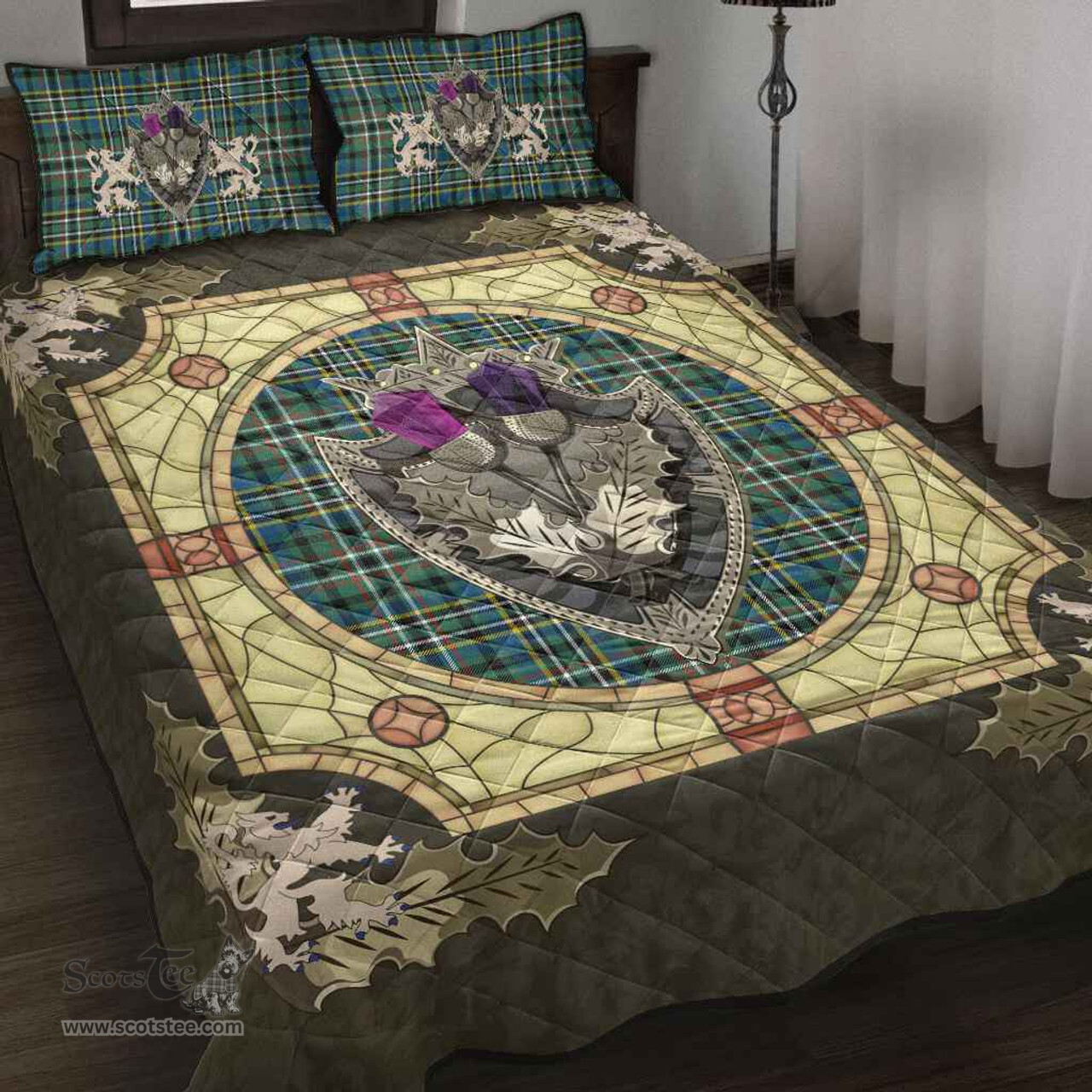 Scottish Scott Green Ancient Clan Tartan Quilt Bed Set - Crystal Thistle Shield