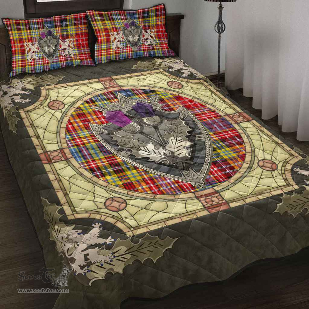 Scottish Ogilvie of Airlie Ancient Clan Tartan Quilt Bed Set - Crystal Thistle Shield