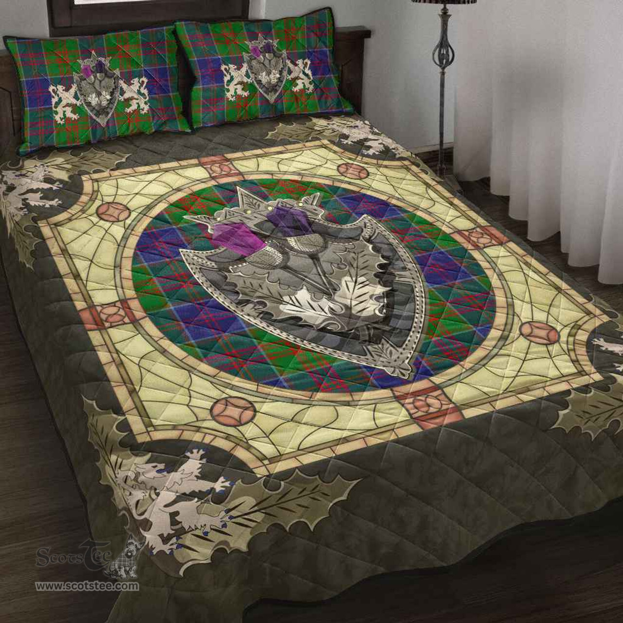 Scottish Stewart of Appin Hunting Modern Clan Tartan Quilt Bed Set - Crystal Thistle Shield