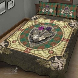 Scottish Menzies Green Ancient Clan Tartan Quilt Bed Set - Crystal Thistle Shield