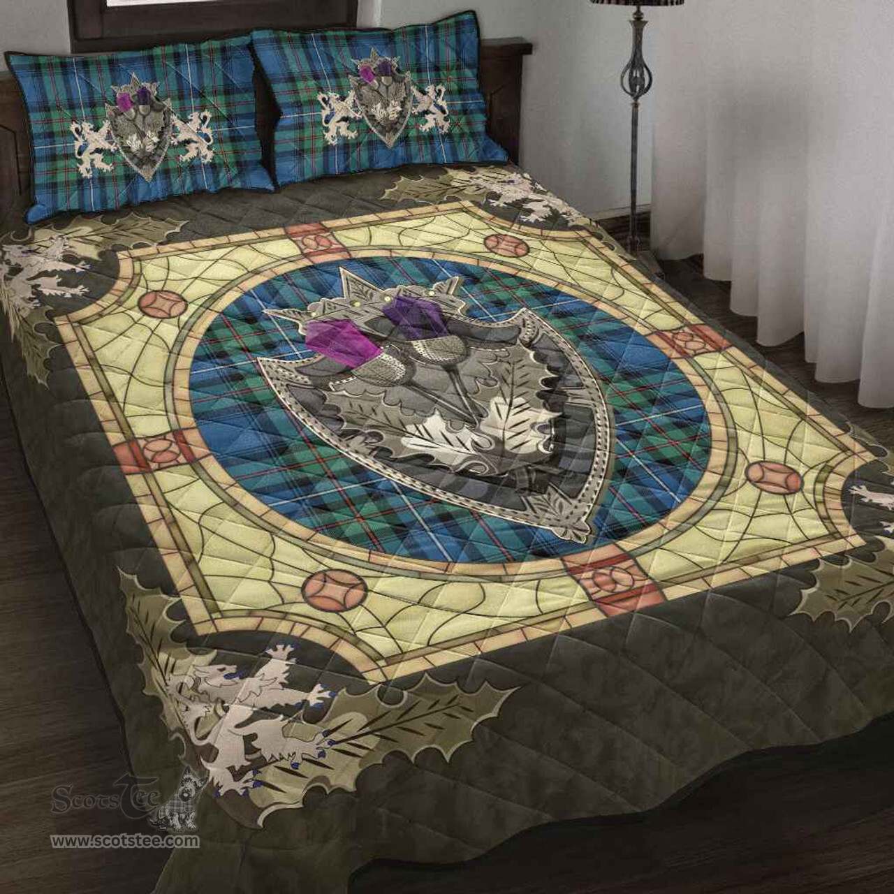 Scottish Robertson Hunting Ancient Clan Tartan Quilt Bed Set - Crystal Thistle Shield