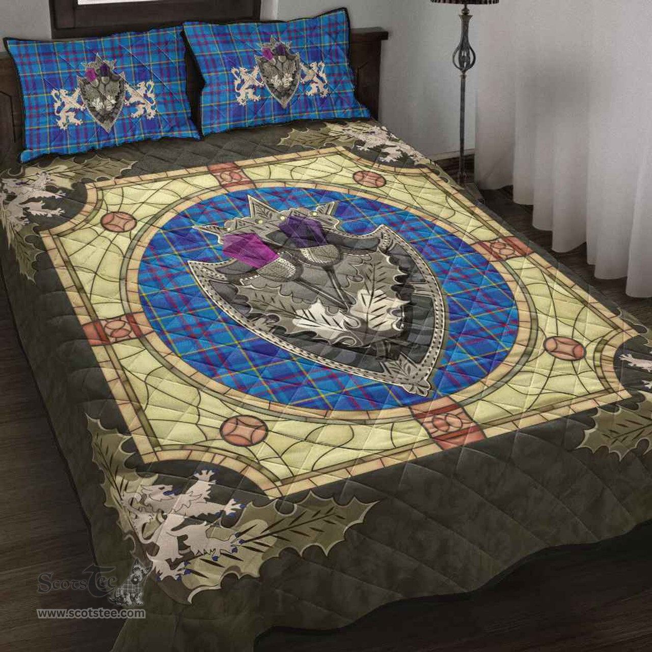 Scottish Mercer Modern Clan Tartan Quilt Bed Set - Crystal Thistle Shield