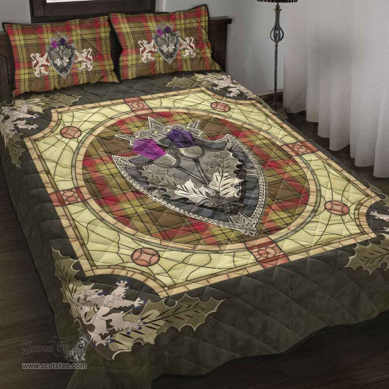 Scottish MacMillan Old Weathered Clan Tartan Quilt Bed Set - Crystal Thistle Shield