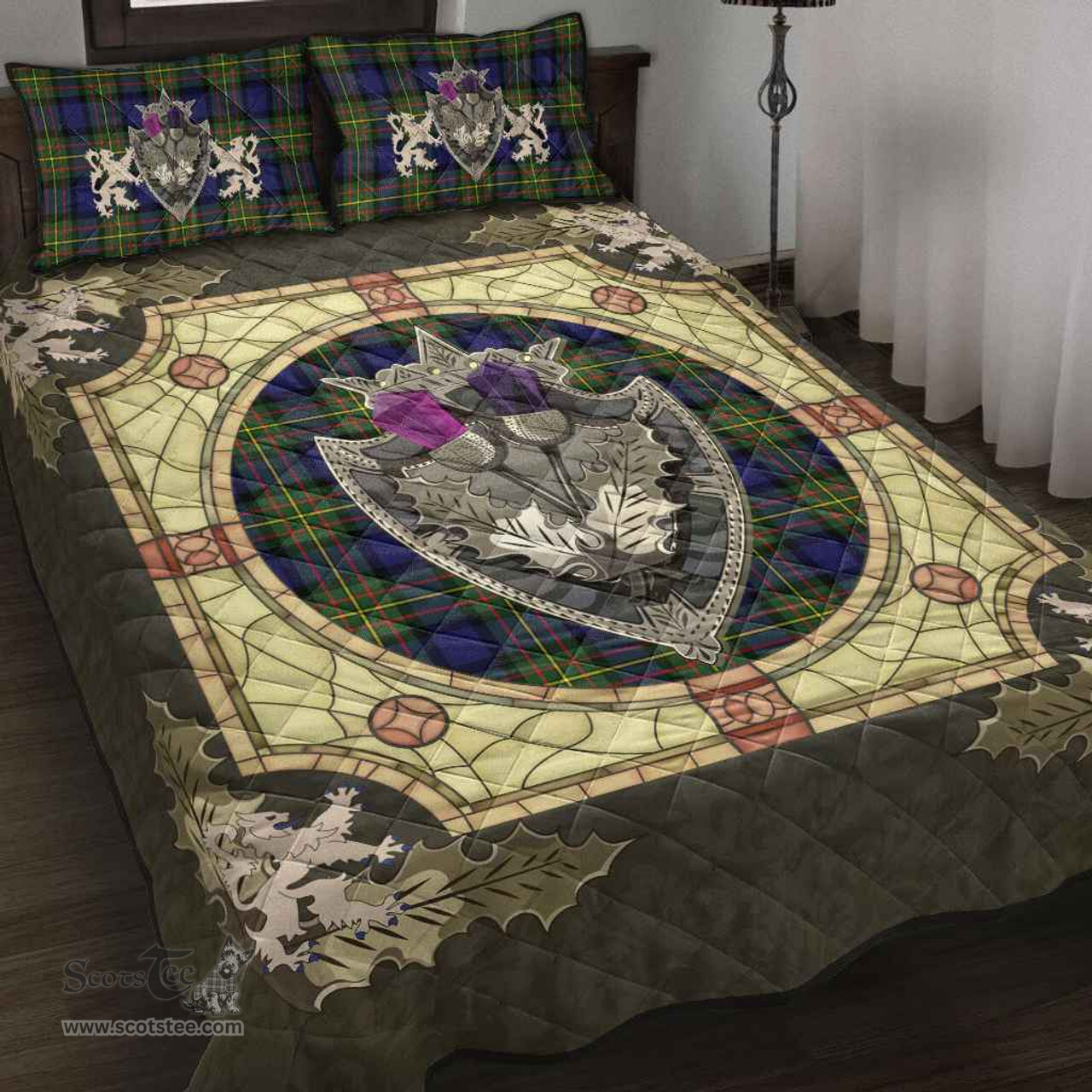 Scottish MacLaren Modern Clan Tartan Quilt Bed Set - Crystal Thistle Shield