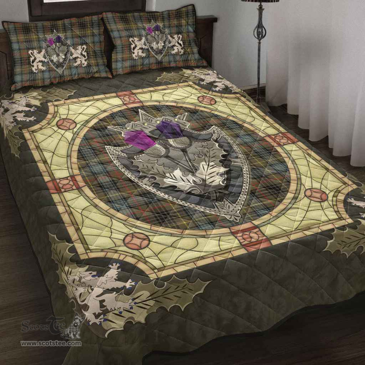 Scottish Stewart Hunting Weathered Clan Tartan Quilt Bed Set - Crystal Thistle Shield
