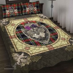 Scottish Stewart Black Clan Tartan Quilt Bed Set - Crystal Thistle Shield
