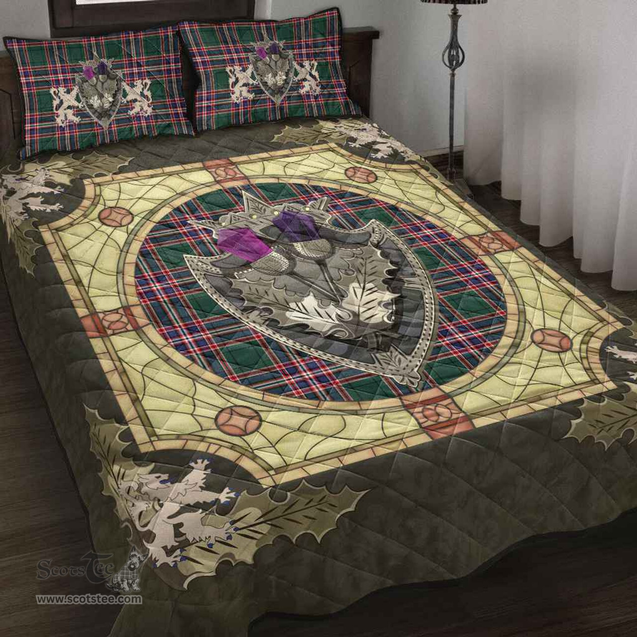 Scottish MacFarlane Hunting Modern Clan Tartan Quilt Bed Set - Crystal Thistle Shield