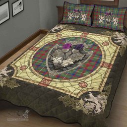 Scottish Shaw Green Modern Clan Tartan Quilt Bed Set - Crystal Thistle Shield