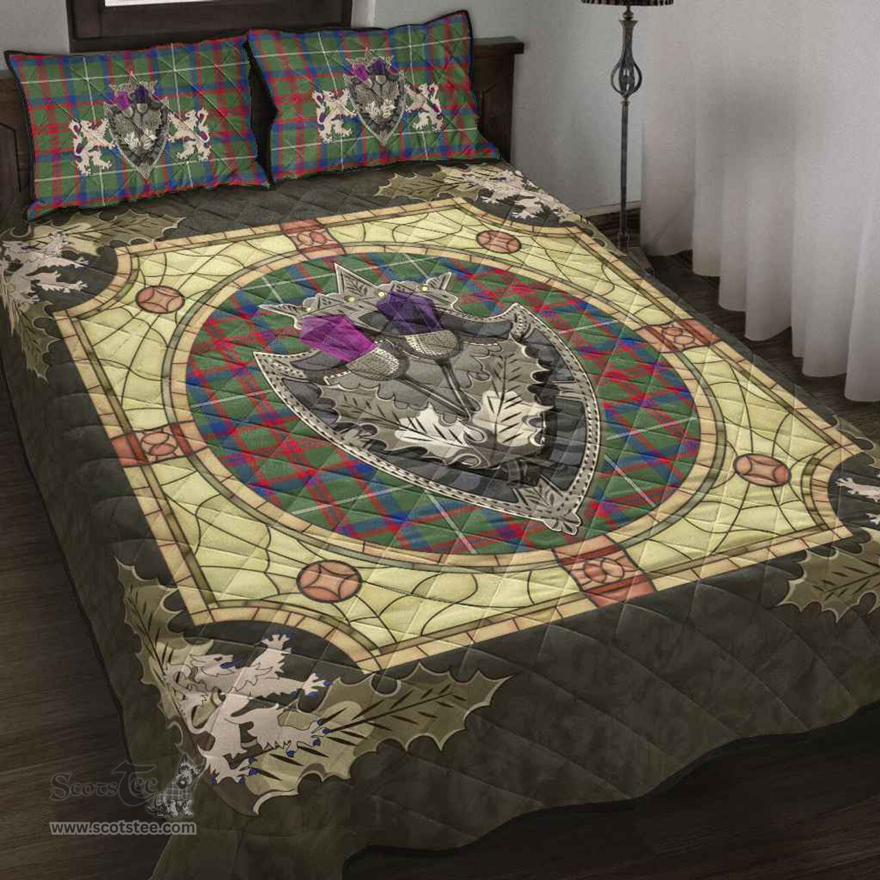 Scottish Shaw Green Modern Clan Tartan Quilt Bed Set - Crystal Thistle Shield