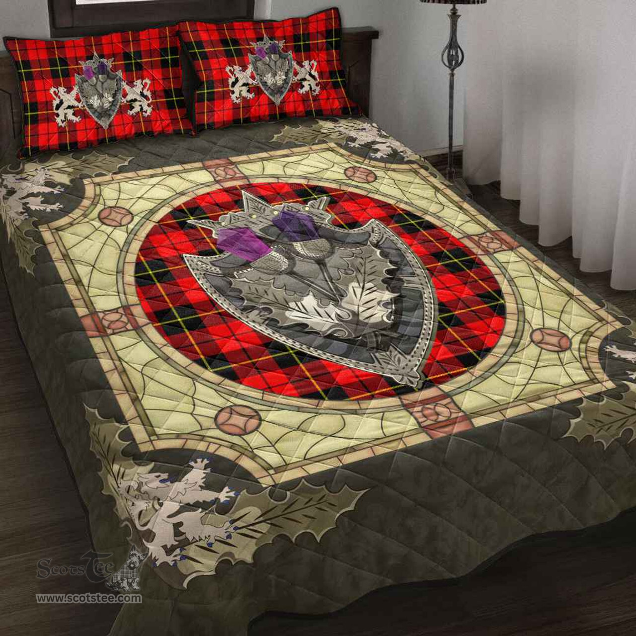 Scottish Wallace Hunting - Red Clan Tartan Quilt Bed Set - Crystal Thistle Shield