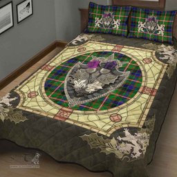 Scottish Reid Green Clan Tartan Quilt Bed Set - Crystal Thistle Shield