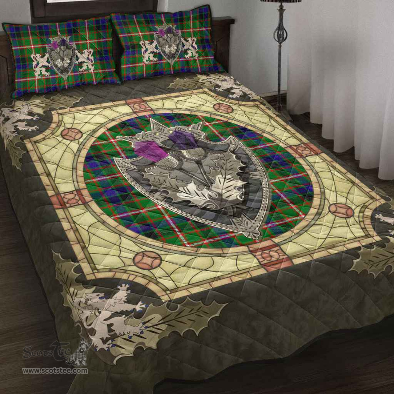 Scottish Reid Green Clan Tartan Quilt Bed Set - Crystal Thistle Shield