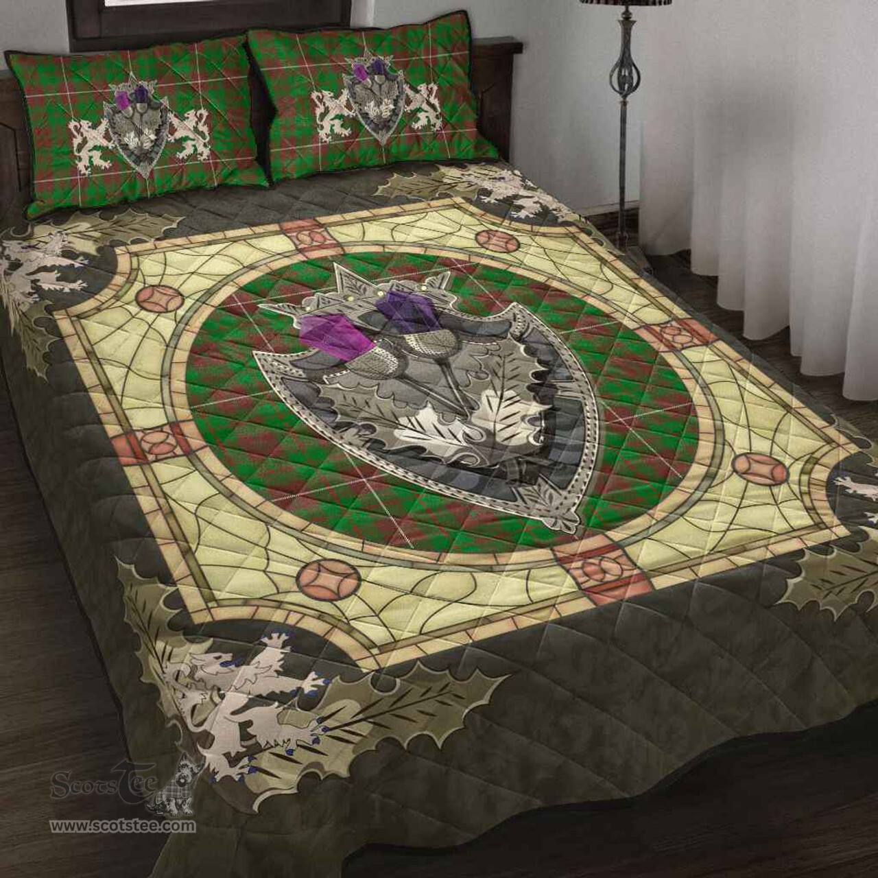 Scottish MacKinnon Hunting Modern Clan Tartan Quilt Bed Set - Crystal Thistle Shield
