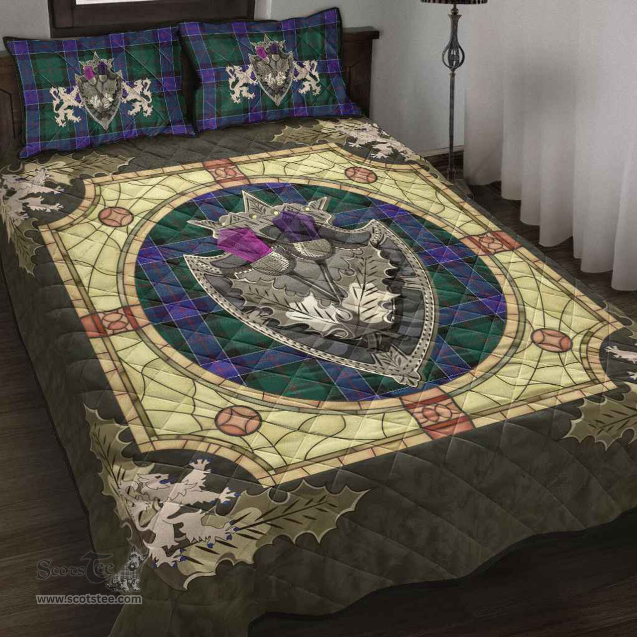 Scottish Sinclair Hunting Modern Clan Tartan Quilt Bed Set - Crystal Thistle Shield