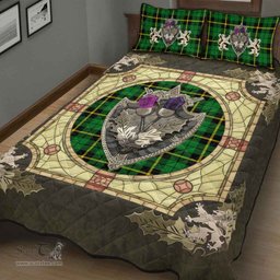 Scottish Wallace Hunting - Green Clan Tartan Quilt Bed Set - Crystal Thistle Shield